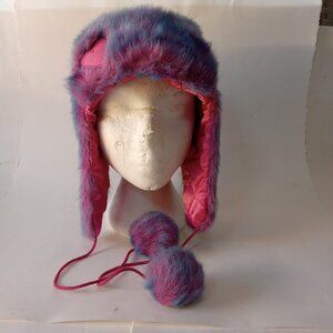 Claire's Girls Pink Blue Winter Faux FuFur Hat One Size Trapper Pom Pom 55 cm